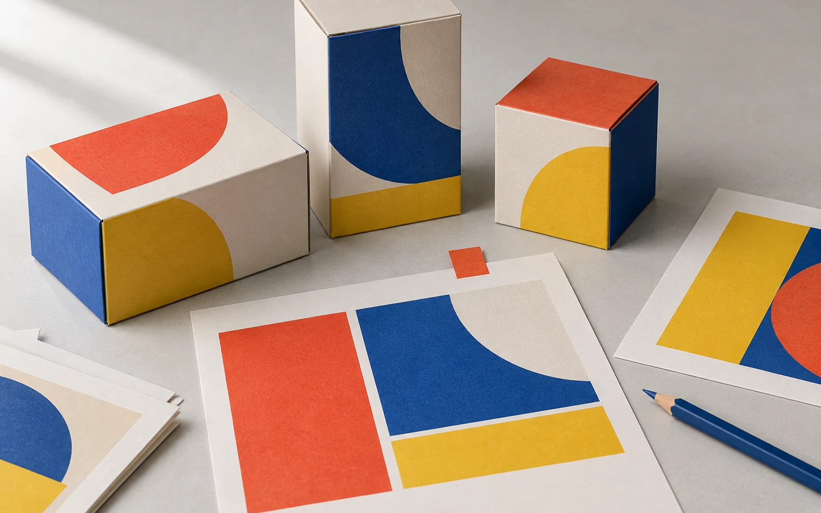 Illustration of plain printed cartons and label proofs laid out on a table for a design review