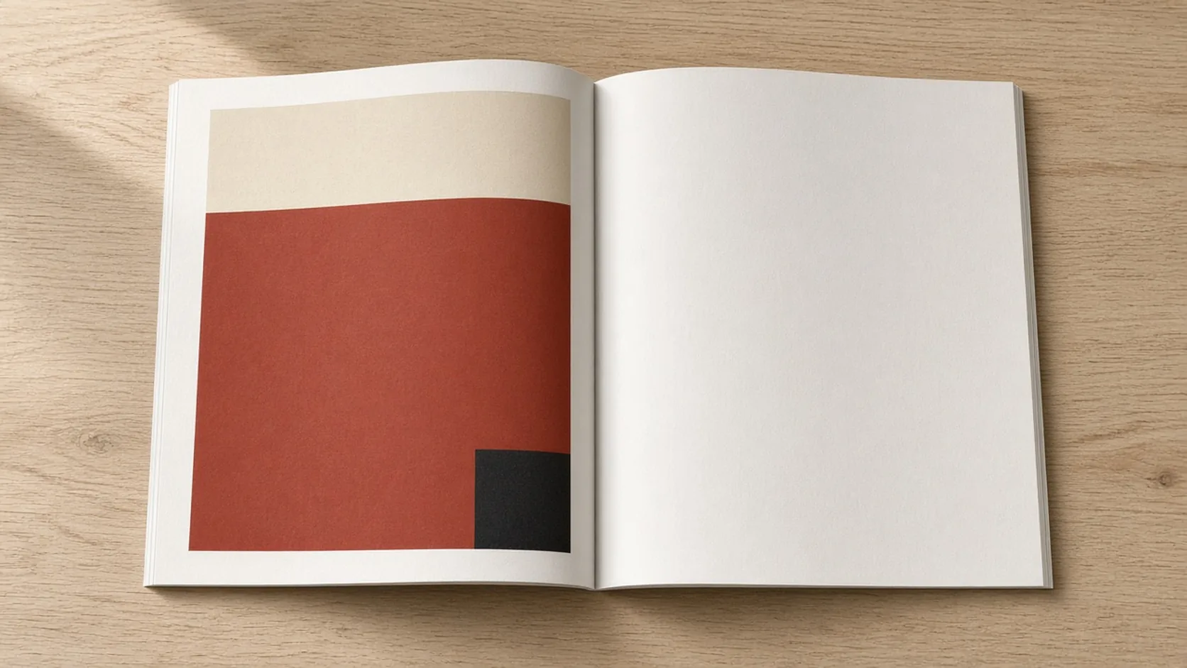 Open magazine with a full-page ad of flat color blocks and no lettering
