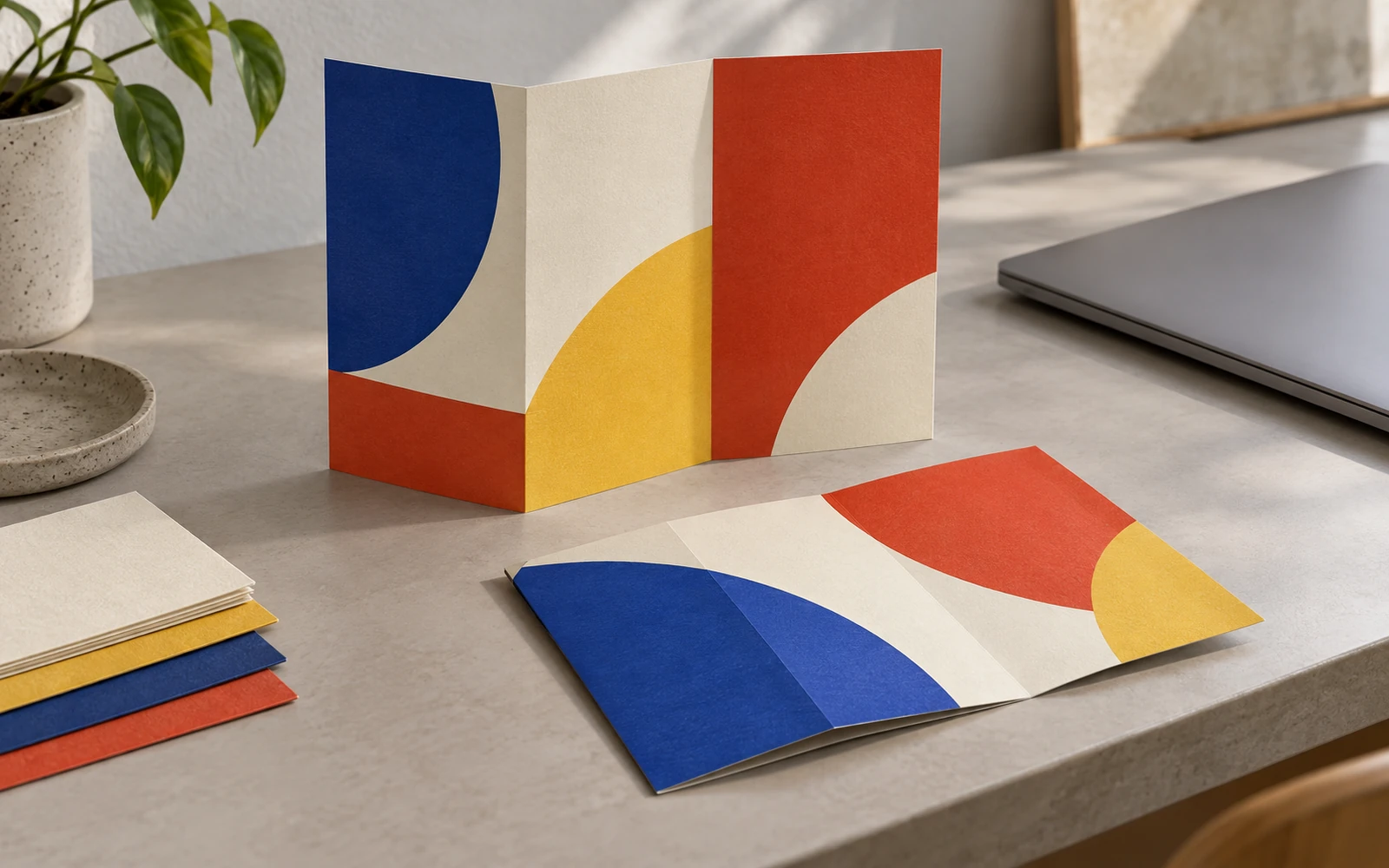 Illustration of folded trifold brochures with abstract colour-block panels on a desk beside a closed laptop