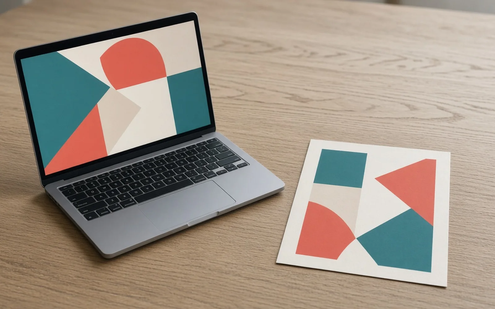 Illustration of a laptop and a printed abstract sheet on a wooden desk in daylight