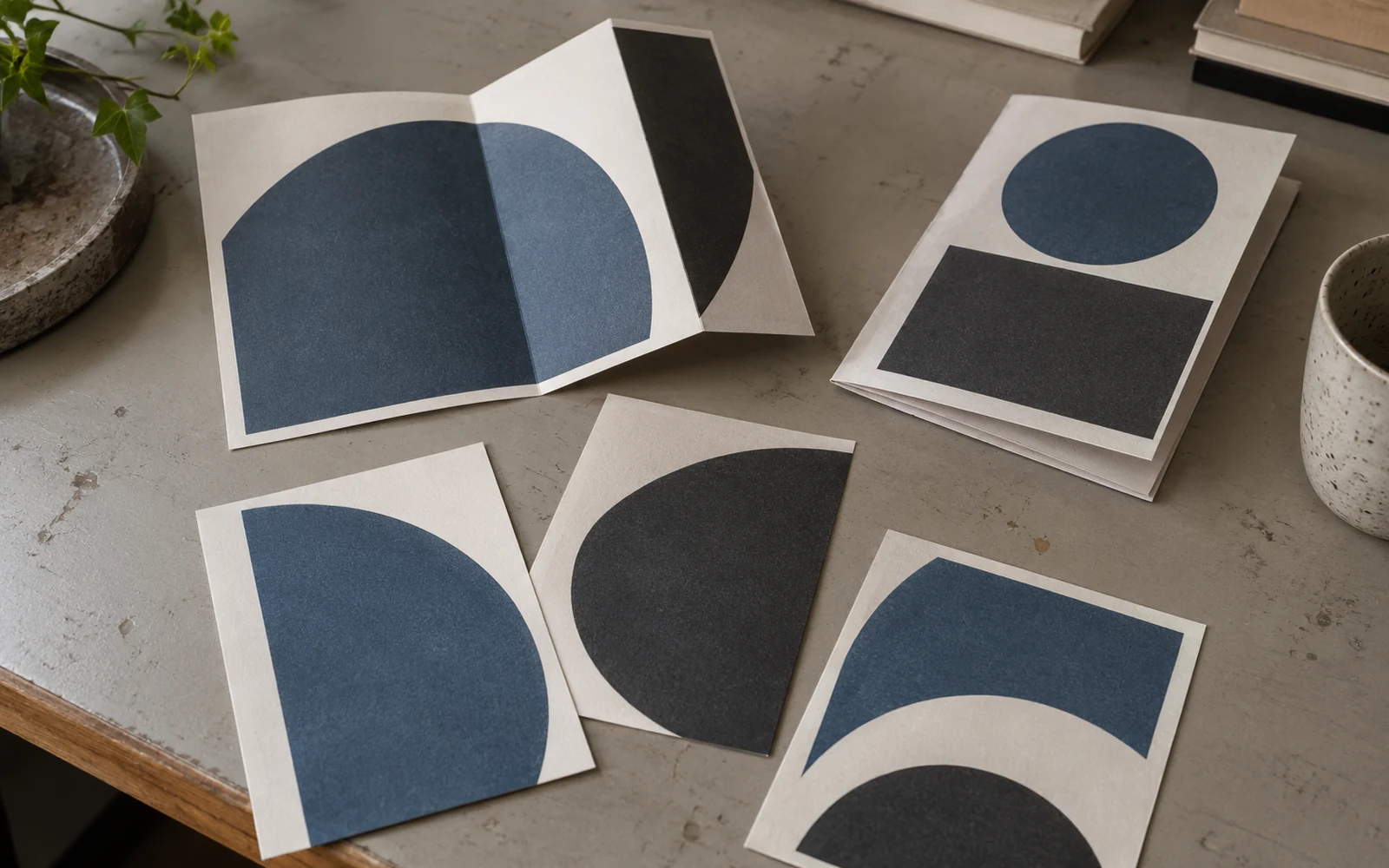 Illustration of unbranded printed campaign cards and paper proofs on a working design desk