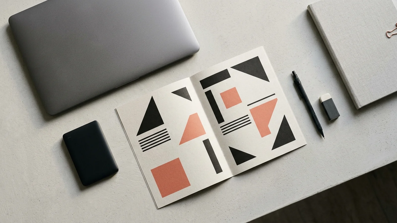 A graphite laptop, storage drive and open geometric brochure on a pale desk