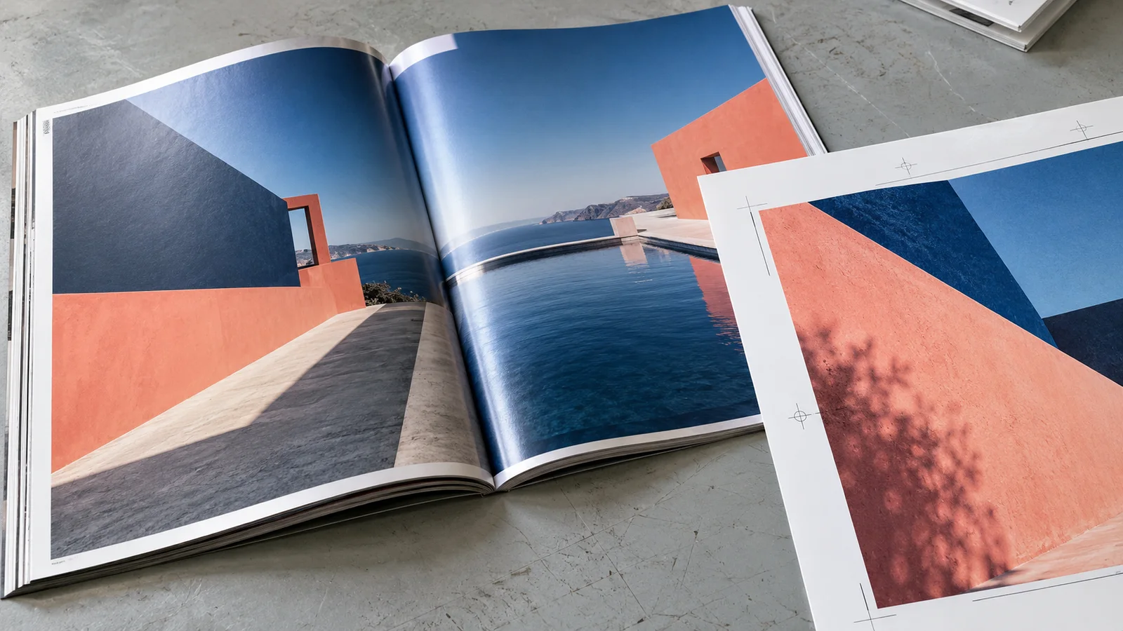 Open magazine with architectural photography beside an untrimmed colour proof on a gray workbench