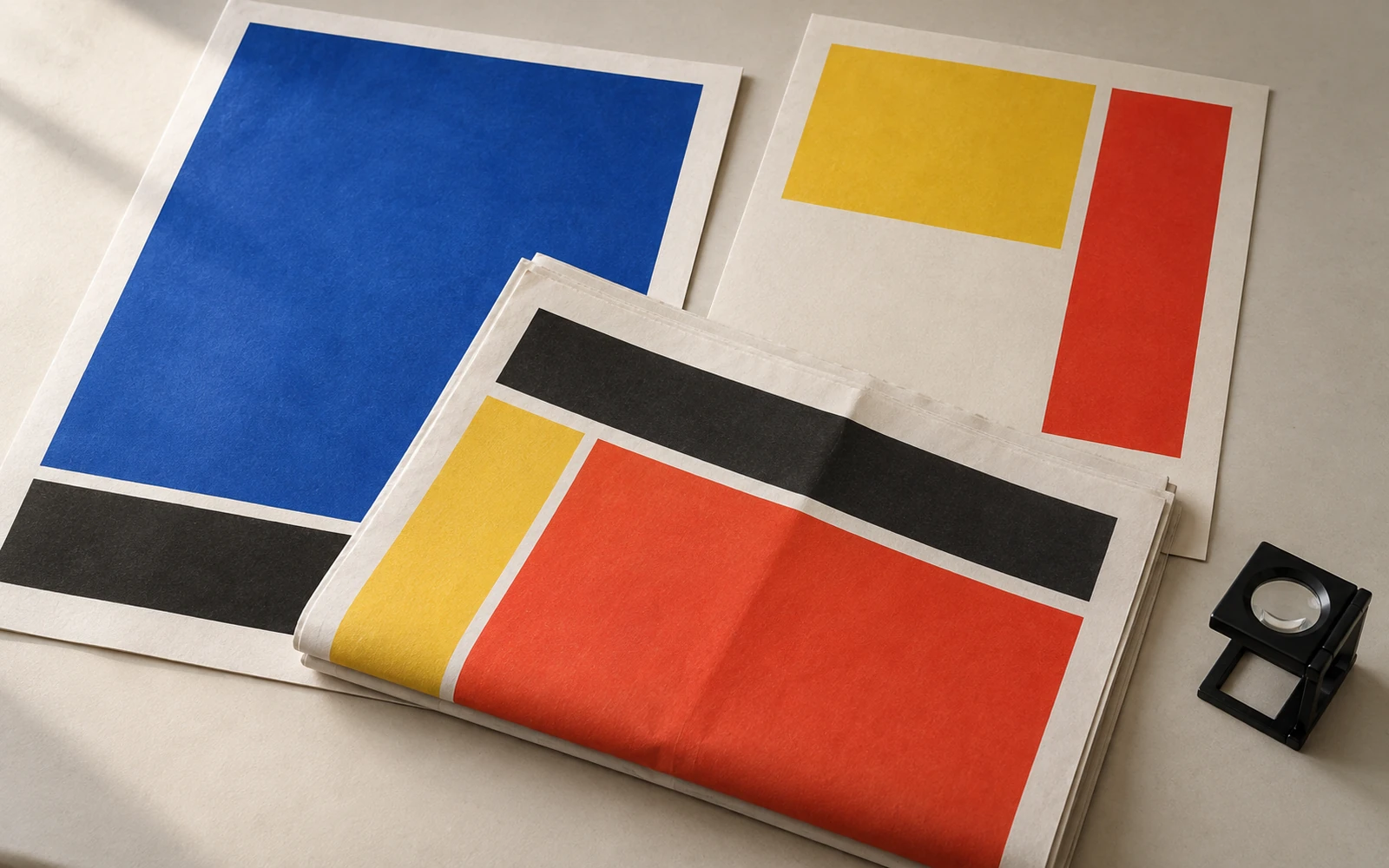 Illustration of printed posters and a folded newspaper page with abstract colour-block layouts on a studio table