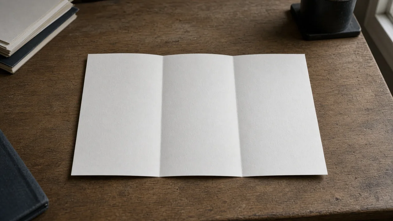 A blank sheet with two vertical creases on a wooden desk