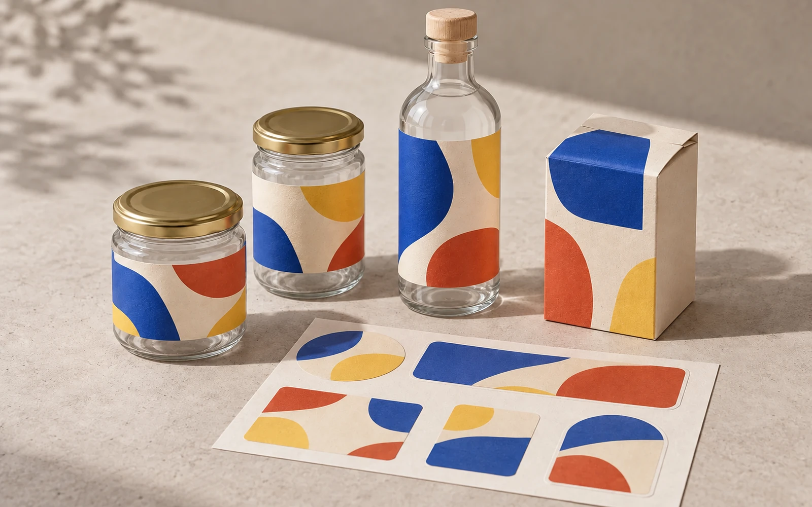 Illustration of jars, a bottle and a box with blank paper labels in abstract colour blocks beside a sheet of label proofs