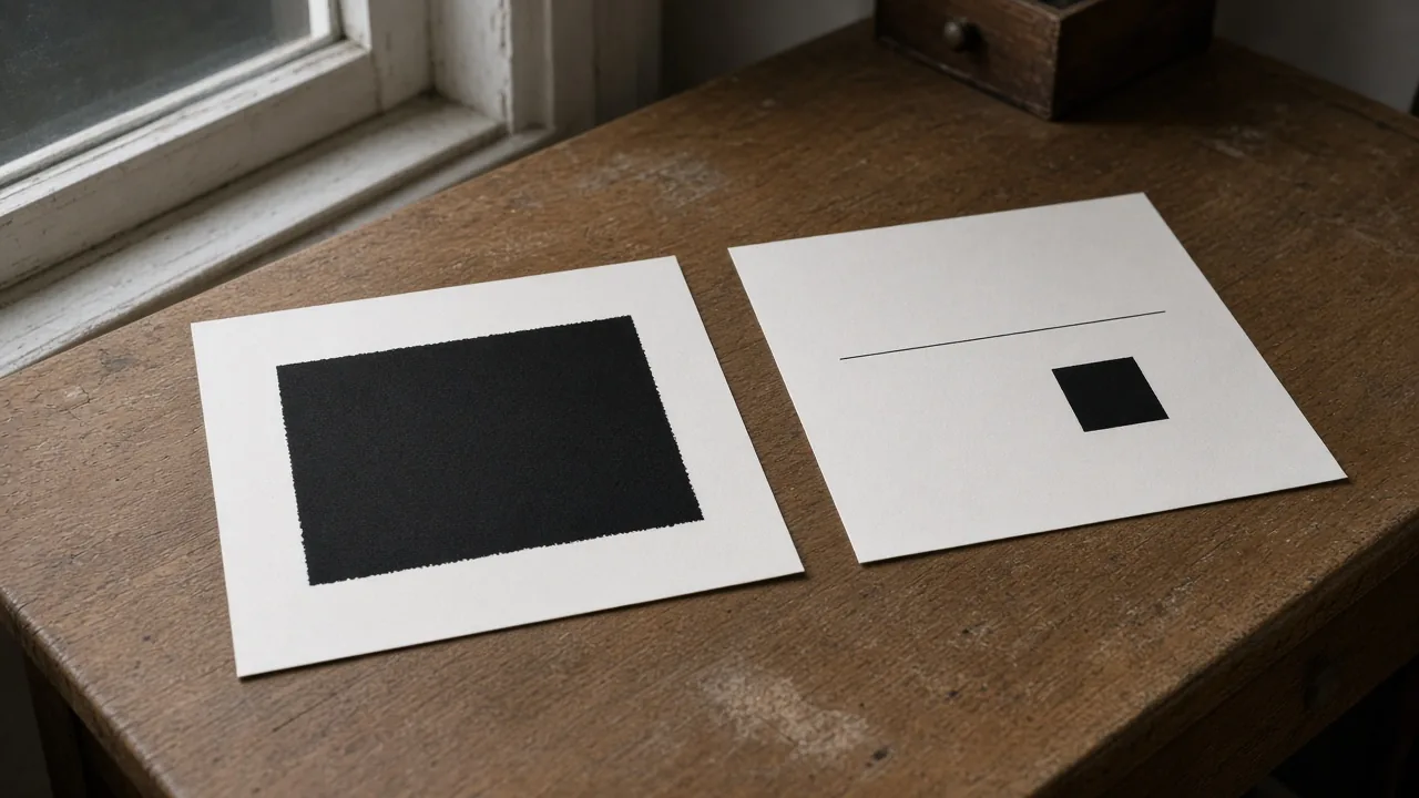 Two paper sheets on a wooden desk, one with a large black rectangle and one with a thin line and a small square