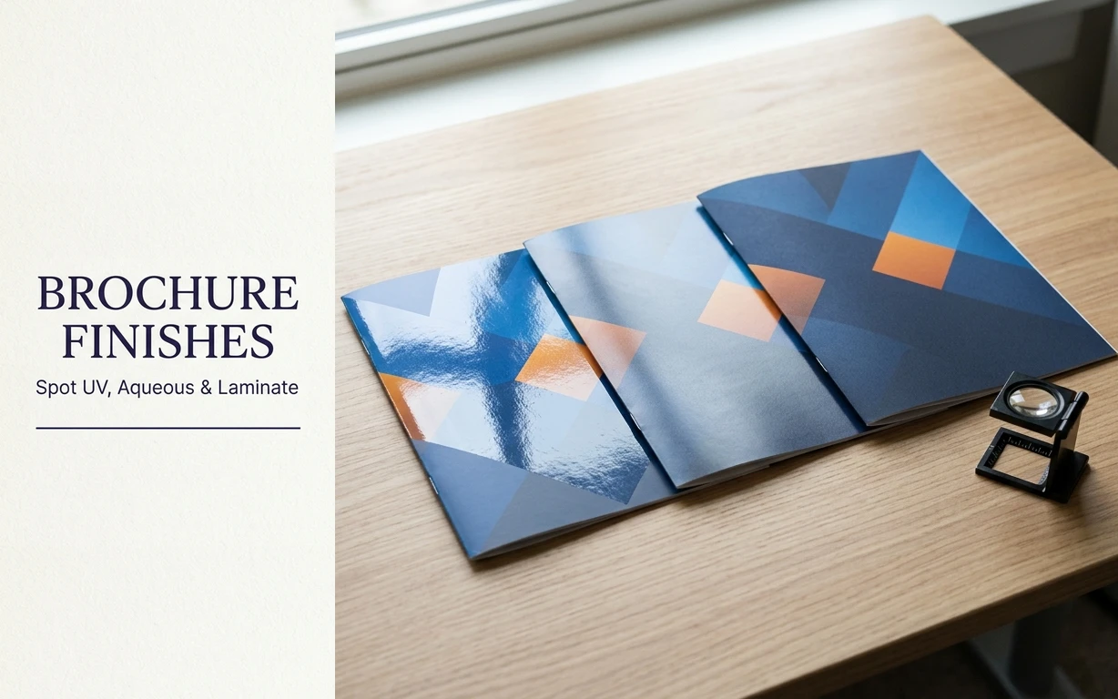 Three printed brochure samples showing gloss, satin, and matte surface reflections beside a folding loupe and the title Brochure Finishes