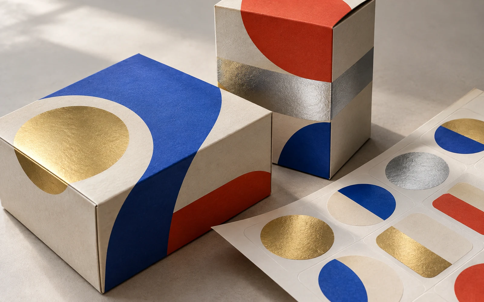 Illustration of paperboard cartons and label sheets with mirror-like silver and gold printed areas beside matte colour blocks