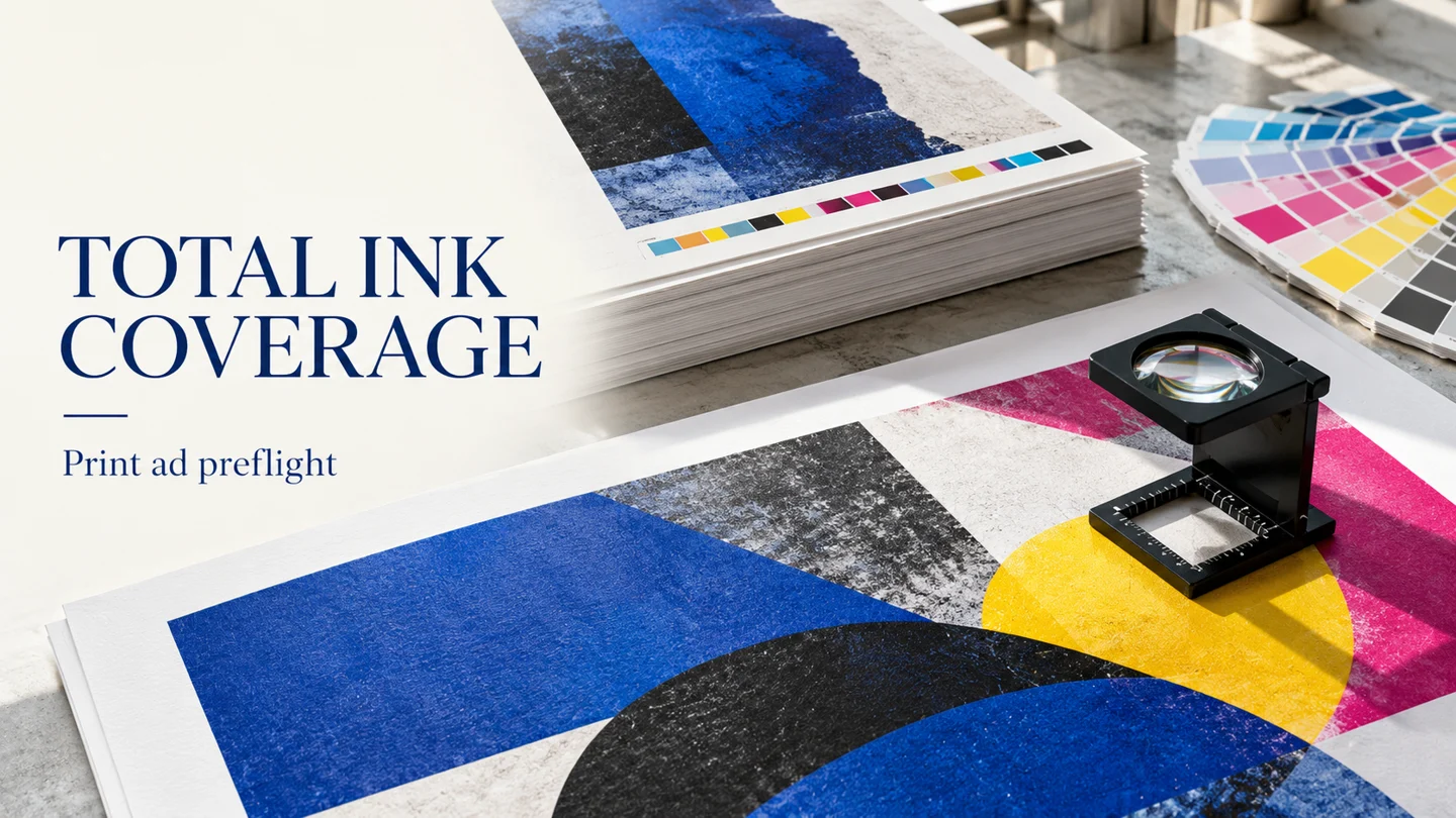 Printed abstract artwork, color swatches and a loupe beside the title Total Ink Coverage