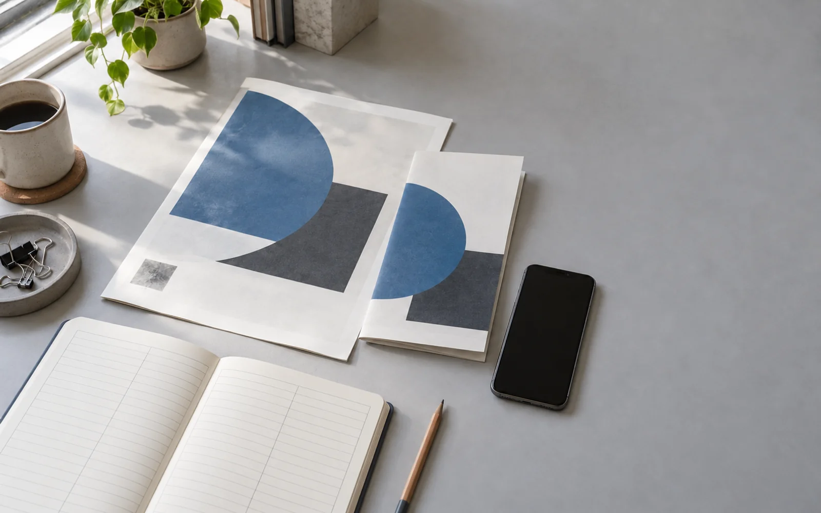 Illustration of a printed ad proof, a folded flyer, a smartphone and an empty ruled notebook on a desk in window light