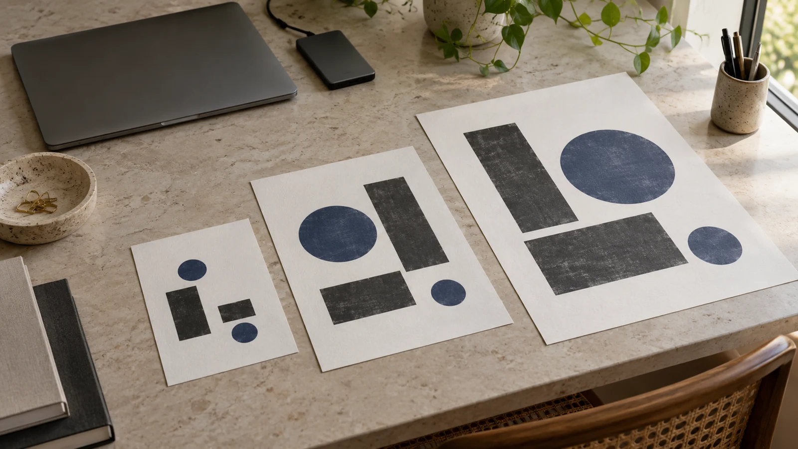 Three sheets with charcoal and indigo geometric shapes beside a closed laptop