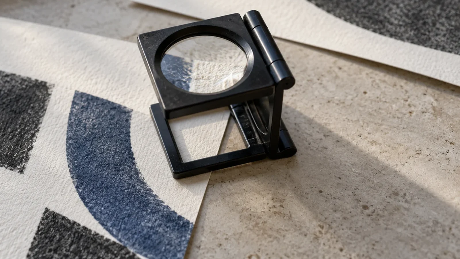 A black folding linen-tester loupe resting on textured white paper printed with indigo and charcoal shapes separated by an unprinted white band
